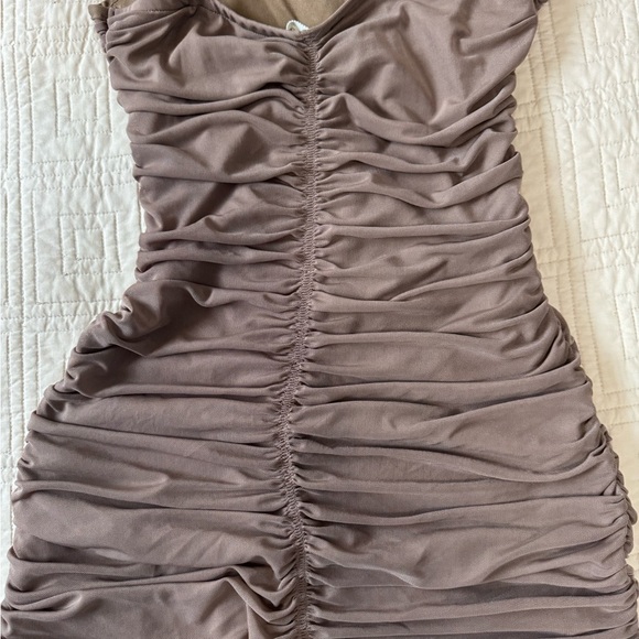 Chic Ruched Tan Mini Dress - Picture 2 of 4
